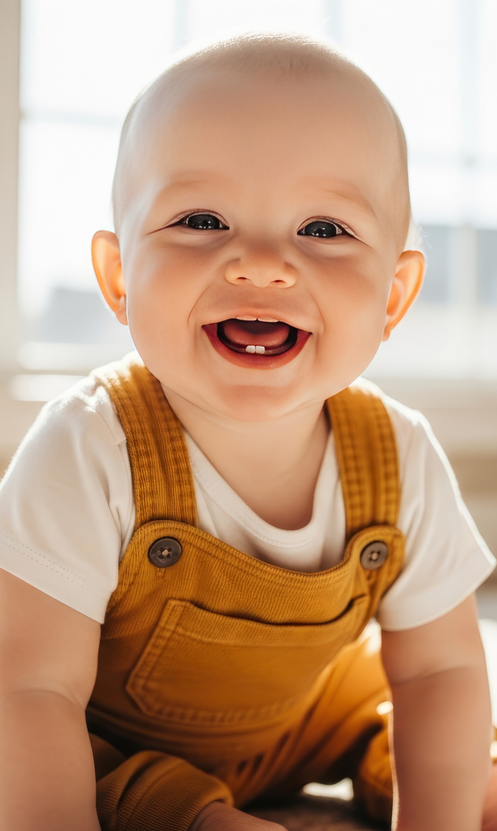 A smiling baby in overalls showing the first bottom teeth.