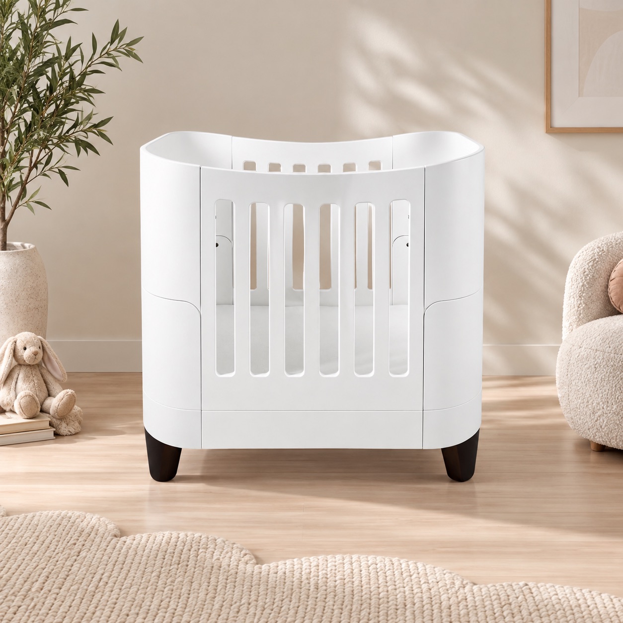 White Gaia Baby Serena Mini Cot with dark legs in a sunlit room beside a soft armchair
