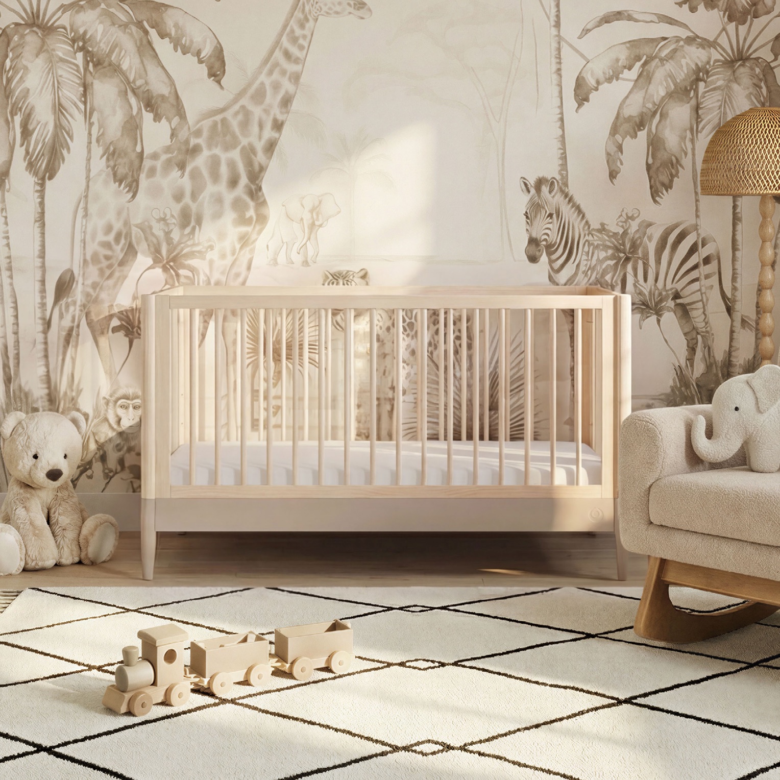 Gaia Baby Eos Cot Bed in natural ash with a soft cashmere base in a nursery with a jungle mural