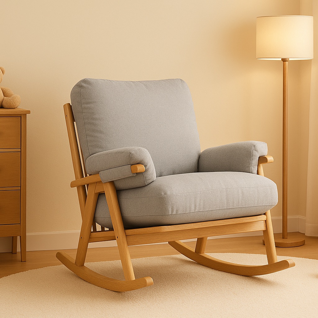 Gaia Baby Hera Rocking Chair with grey Dusk cushions and a natural wood frame in a warmly lit nursery