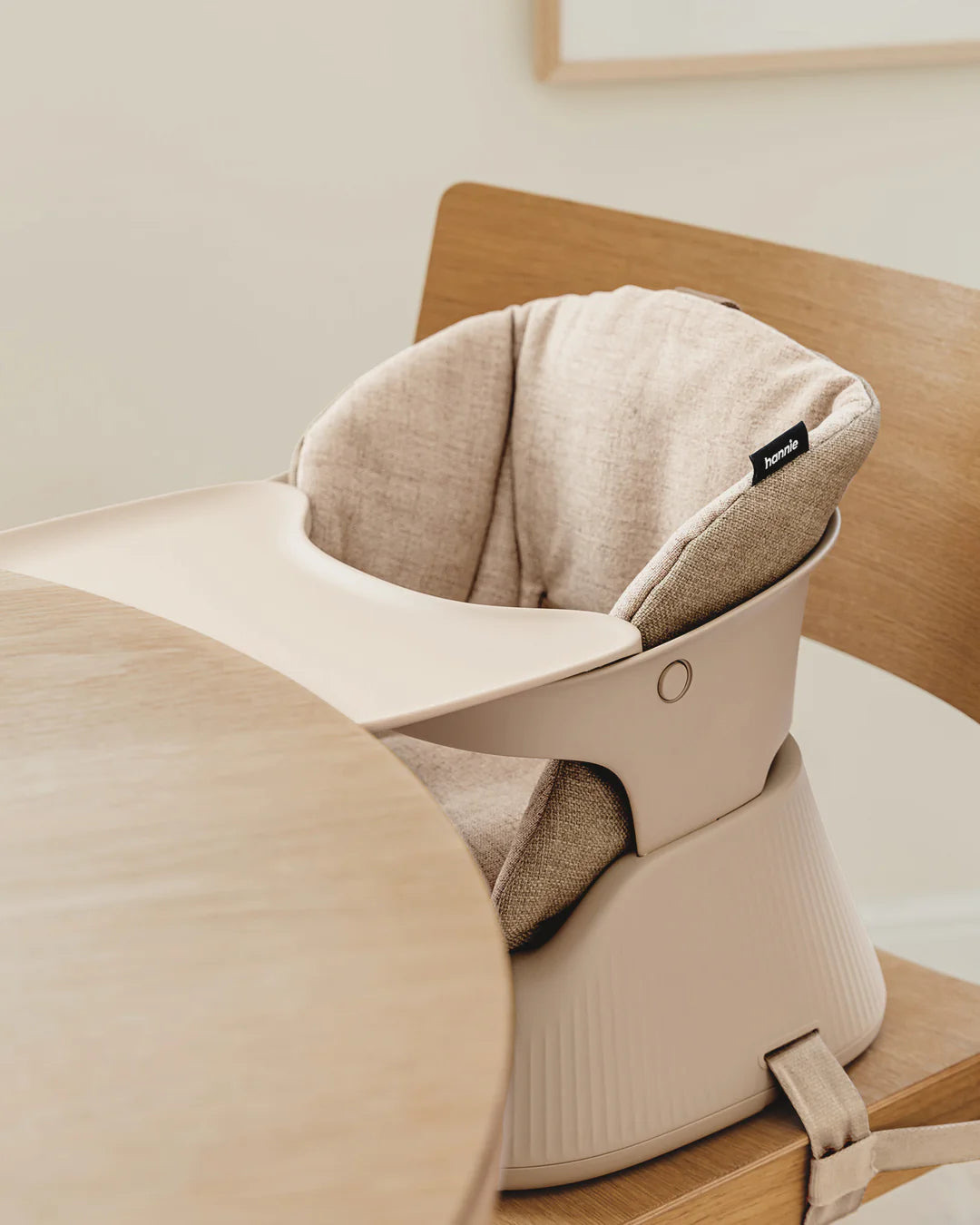 White Sand Hannie with its cushion and tray attached to a timber dining chair